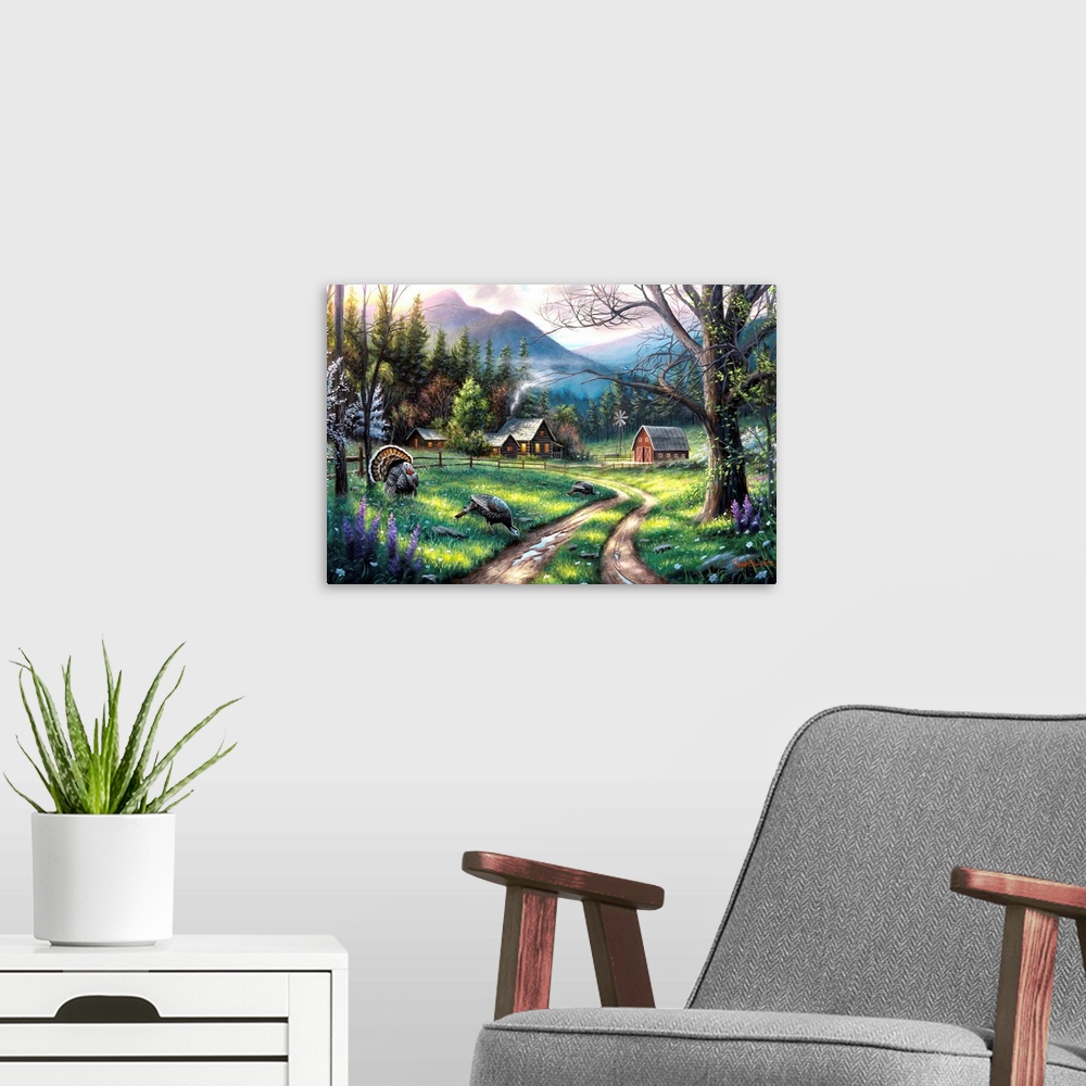 A modern room featuring Contemporary landscape painting with a dirt road in the center leading to log cabins and a barn w...