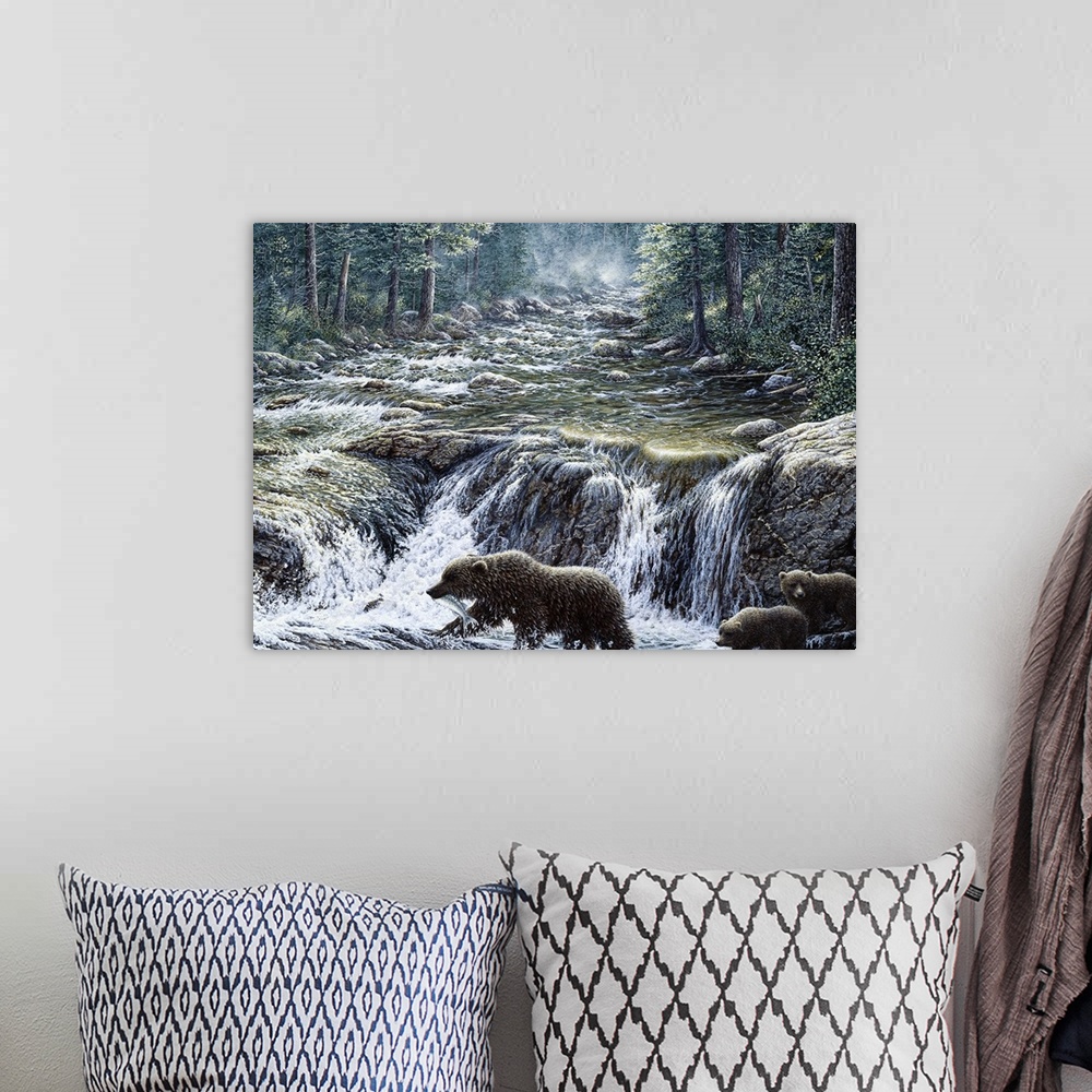 A bohemian room featuring MOTHER BEAR AND 2 CUBS CROSSING A STREAM
