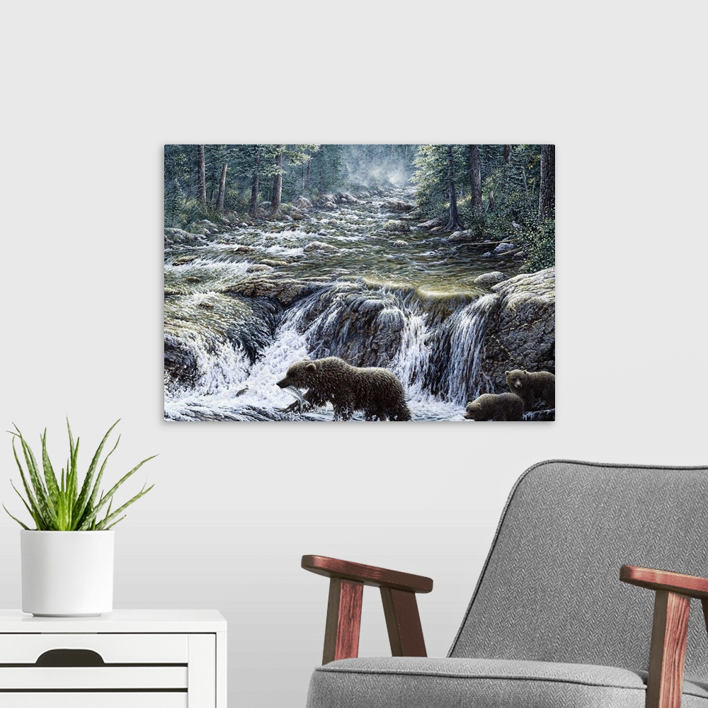 A modern room featuring MOTHER BEAR AND 2 CUBS CROSSING A STREAM
