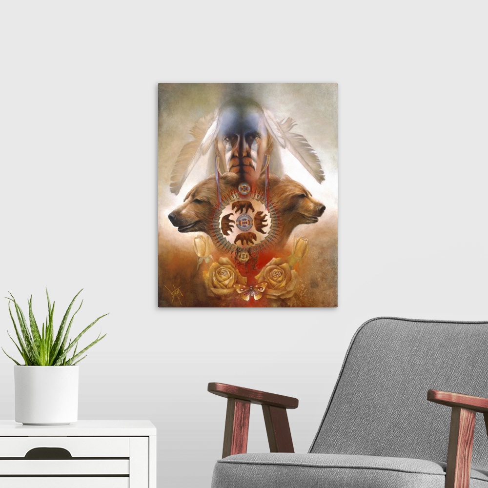 A modern room featuring A contemporary painting of a Native American man staring straight on with feathers in his hair an...
