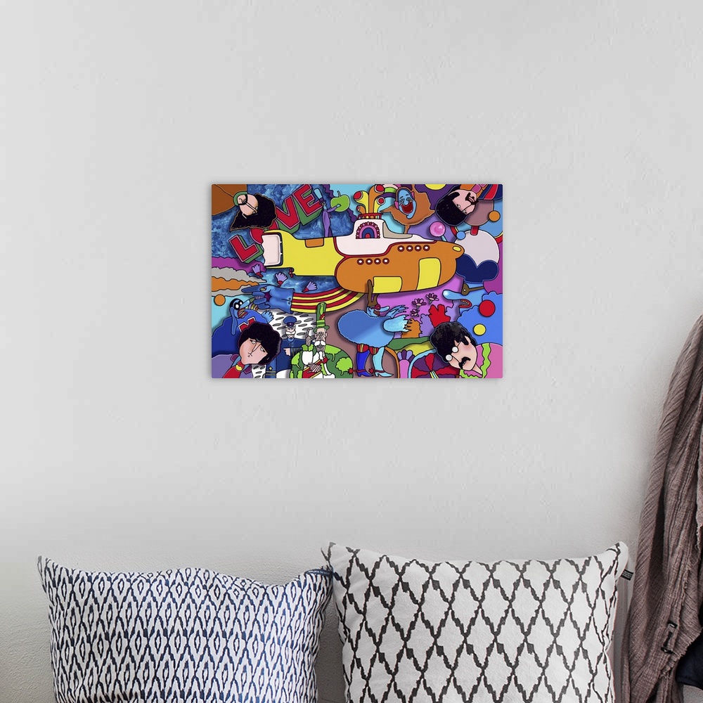 A bohemian room featuring Contemporary artwork of a yellow submarine surrounded by bright colors and musical artists.