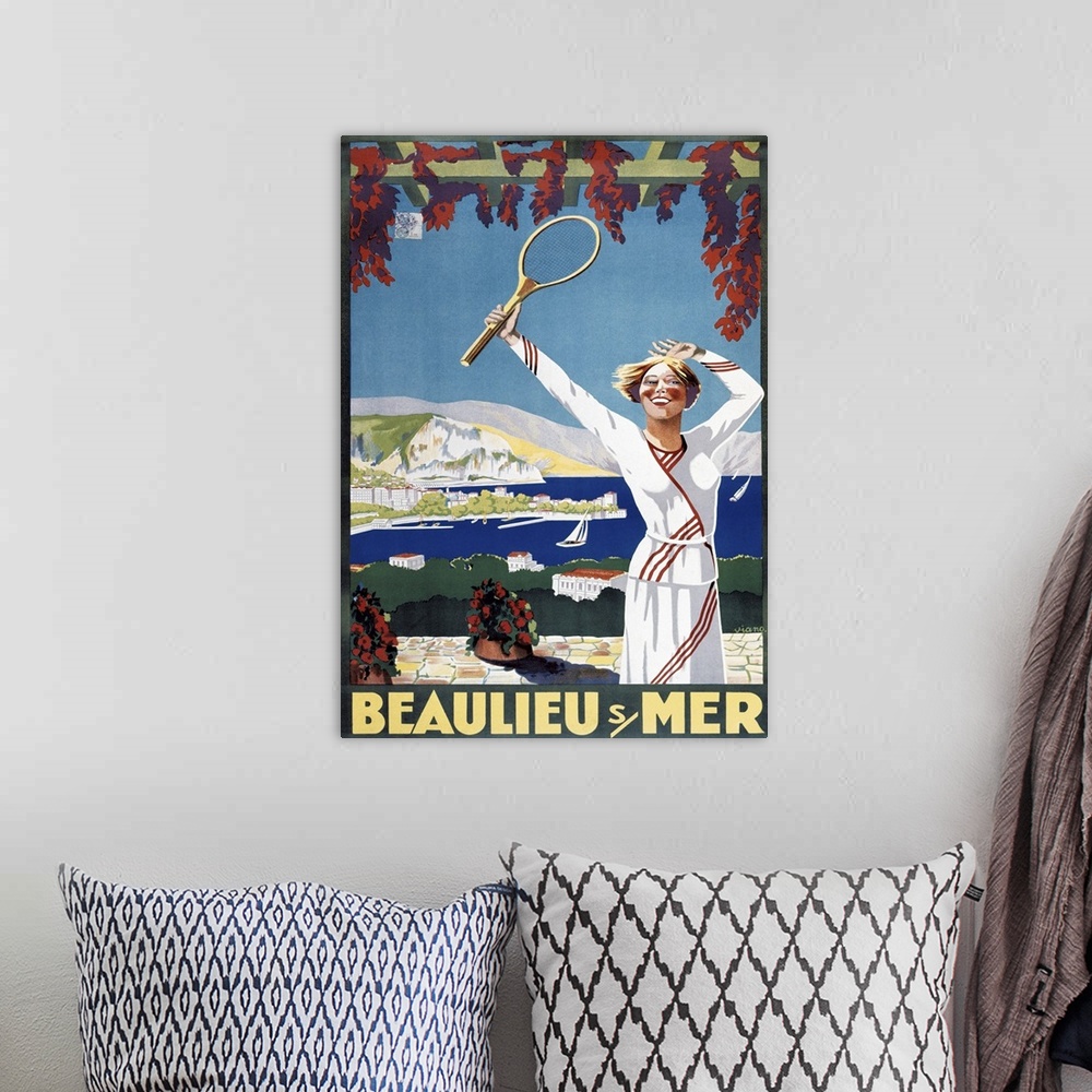 A bohemian room featuring Vintage poster advertisement for Beaulieu Mer.