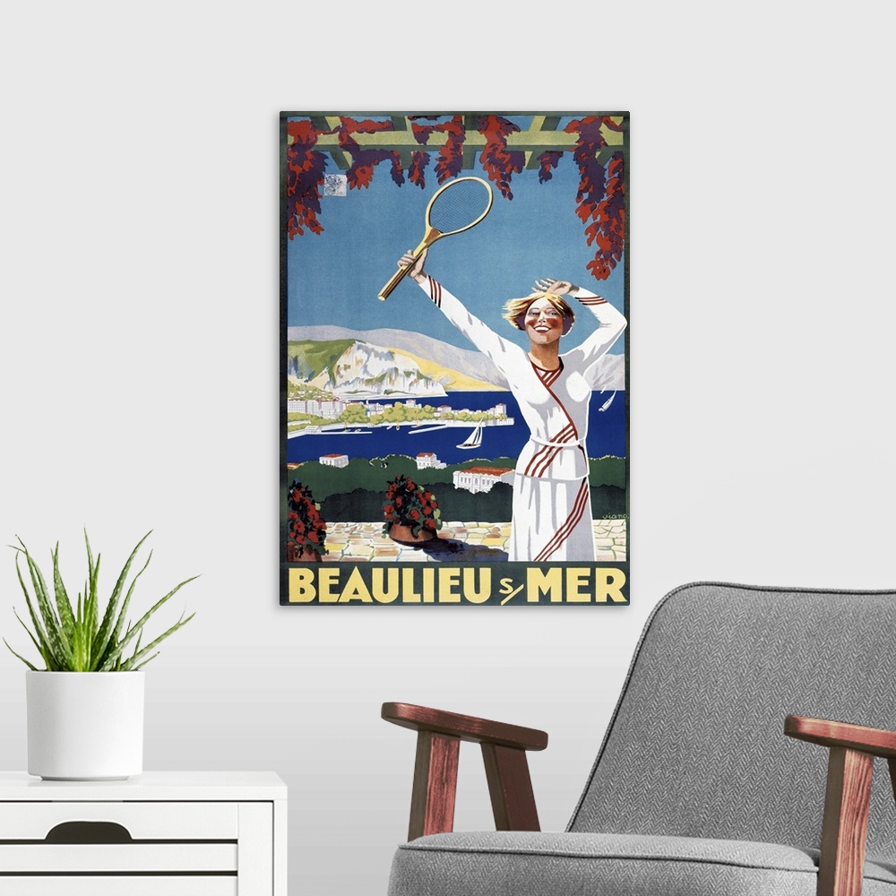 A modern room featuring Vintage poster advertisement for Beaulieu Mer.
