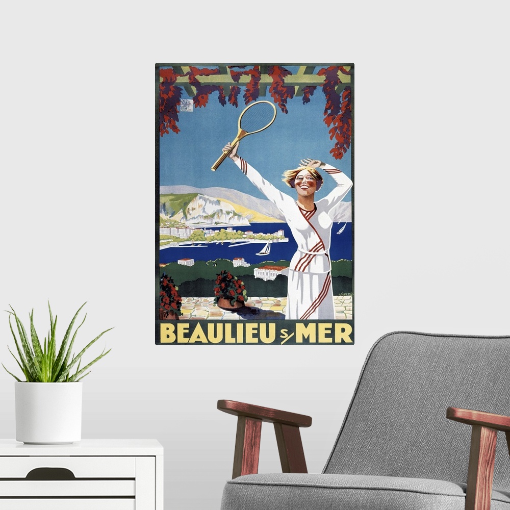 A modern room featuring Vintage poster advertisement for Beaulieu Mer.