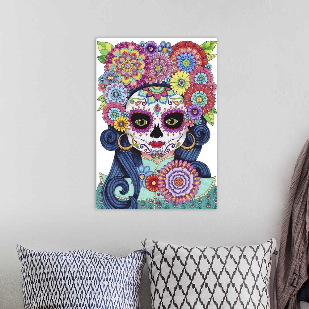A bohemian room featuring Illustration of a beautiful woman with decorative skull face paint and colorful flowers on her head.