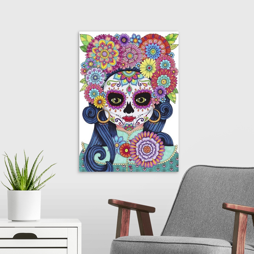 A modern room featuring Illustration of a beautiful woman with decorative skull face paint and colorful flowers on her head.