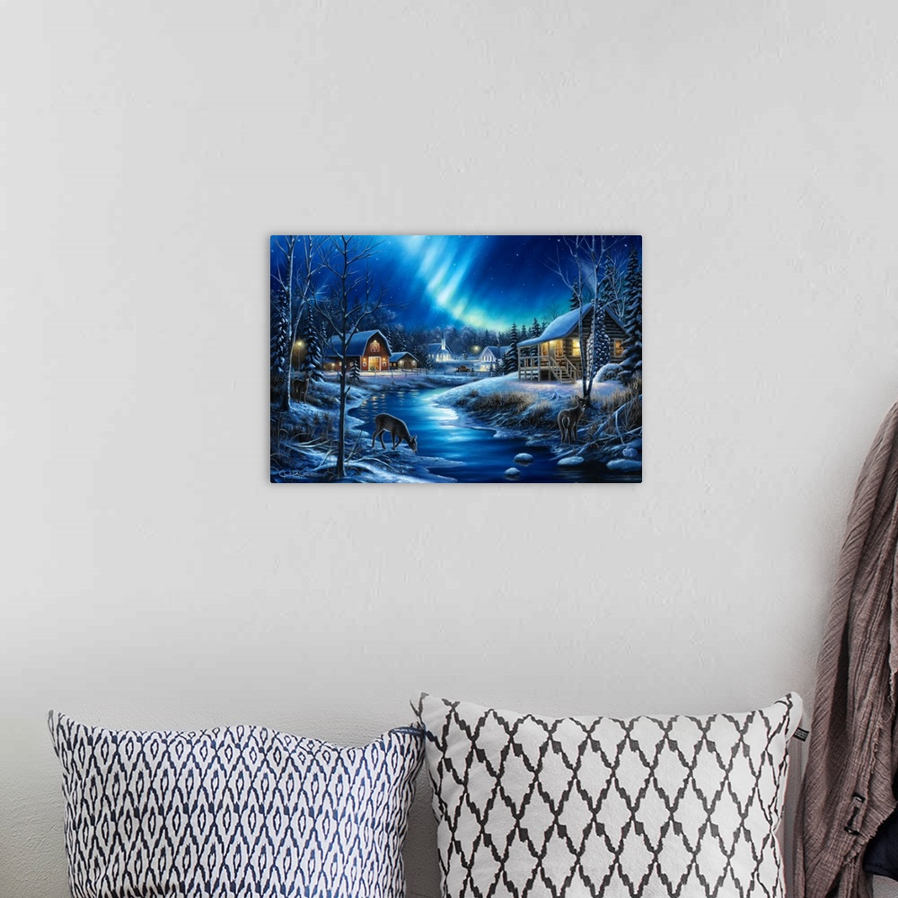 A bohemian room featuring Contemporary painting of a Winter landscape at night with a barn in the background and two deer d...