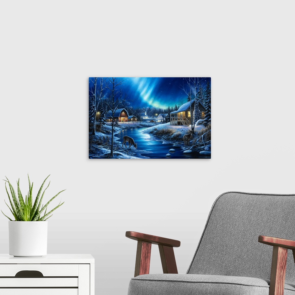 A modern room featuring Contemporary painting of a Winter landscape at night with a barn in the background and two deer d...