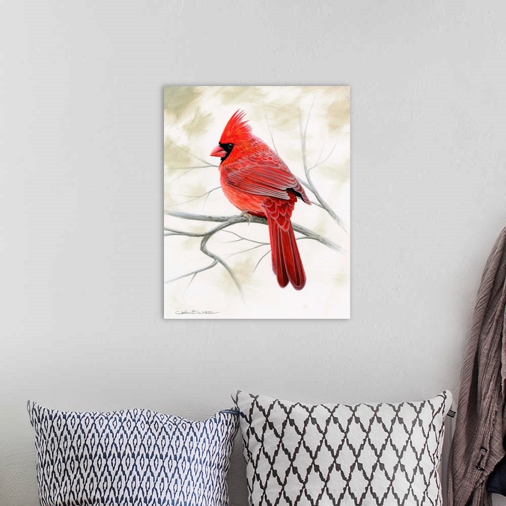 A bohemian room featuring Contemporary painting of a cardinal perched on a bare branch.