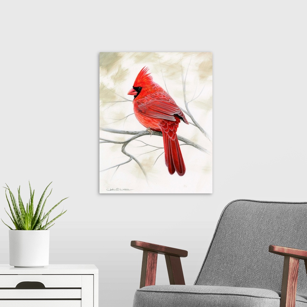 A modern room featuring Contemporary painting of a cardinal perched on a bare branch.