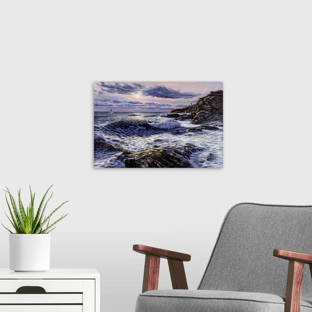 A modern room featuring Contemporary painting of a stormy seascape with a lighthouse.