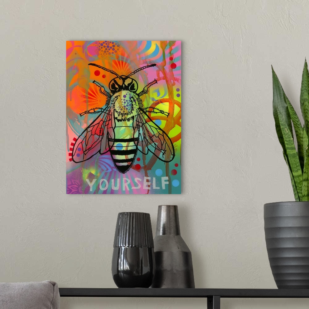 A modern room featuring Black illustration of a bee on a colorful graffiti style background with "Yourself" written under...