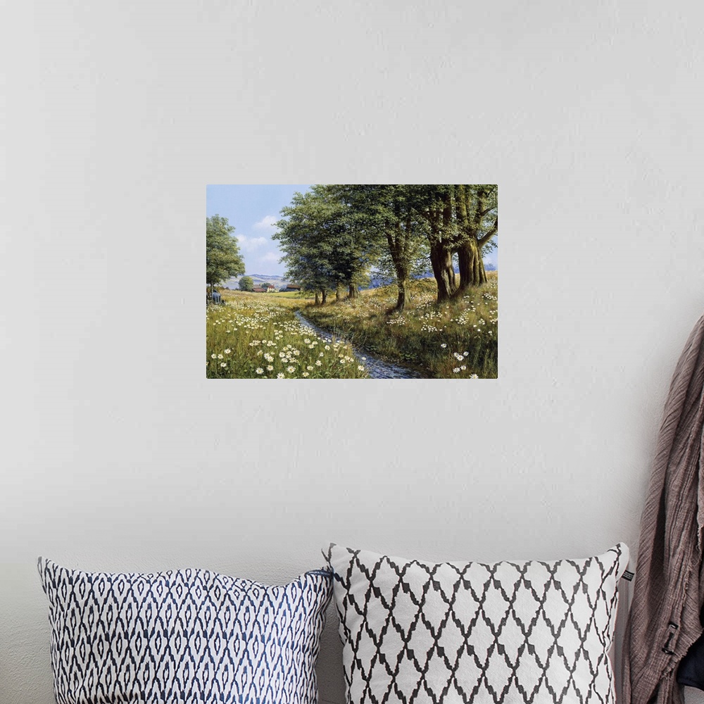 A bohemian room featuring Contemporary painting of a rural countryside landscape.
