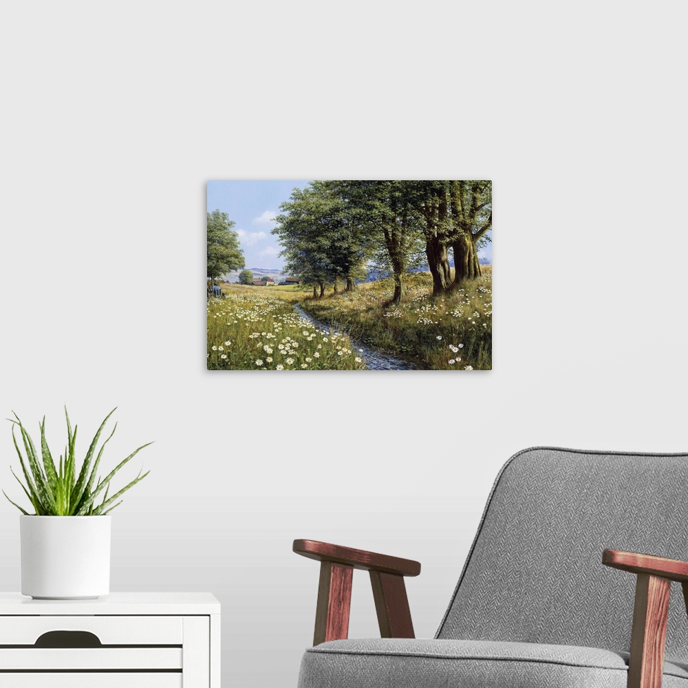 A modern room featuring Contemporary painting of a rural countryside landscape.
