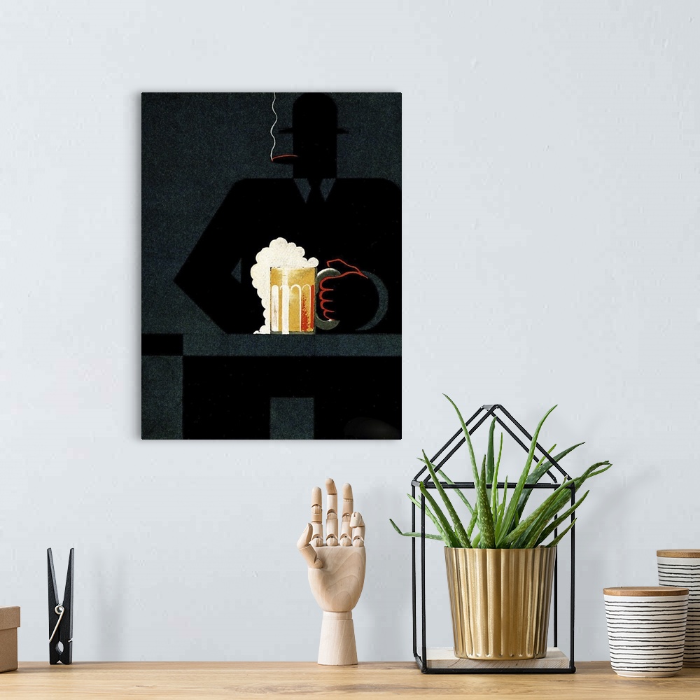 A bohemian room featuring Vintage poster artwork of a bold silhouetted figure smoking a cigar and wearing a hat holding an ...