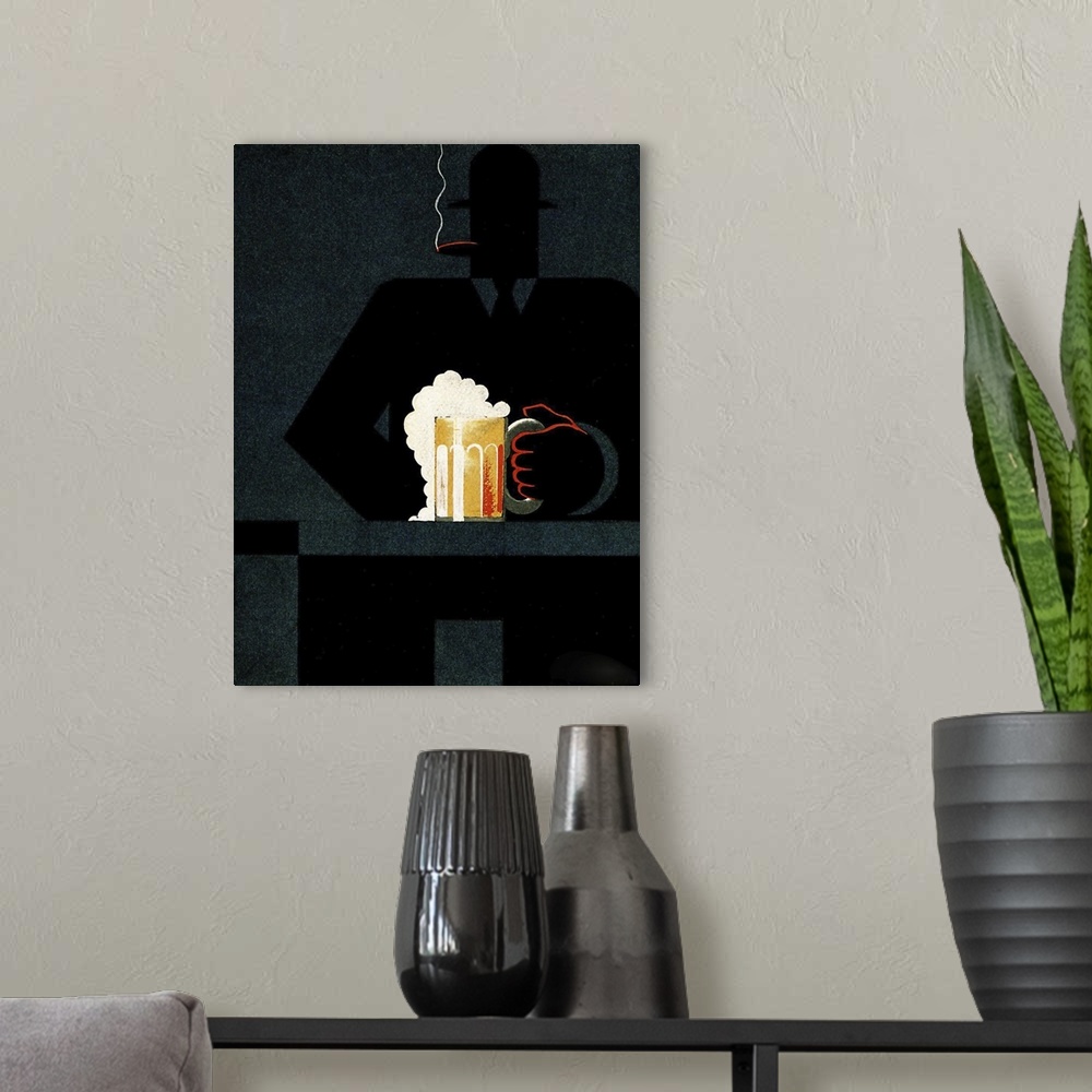 A modern room featuring Vintage poster artwork of a bold silhouetted figure smoking a cigar and wearing a hat holding an ...