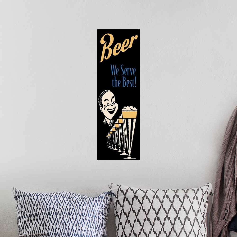 A bohemian room featuring Vintage stylized beer advertisement.