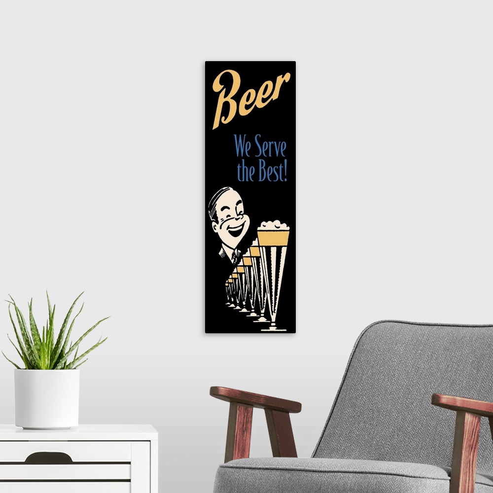 A modern room featuring Vintage stylized beer advertisement.