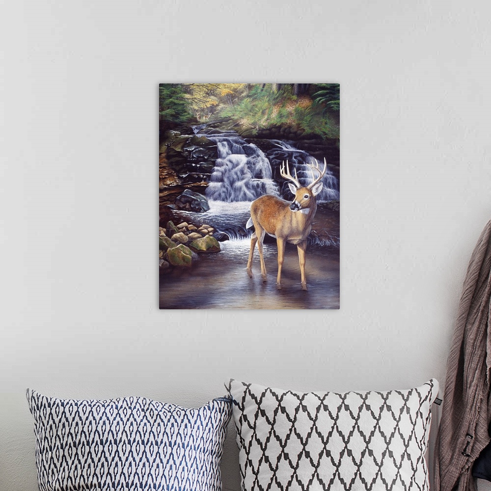 A bohemian room featuring Contemporary painting of a stag standing in a shallow river with a waterfall behind.