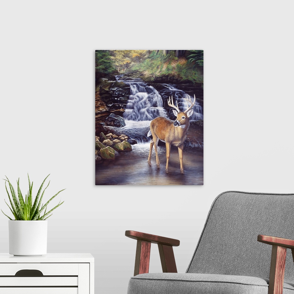A modern room featuring Contemporary painting of a stag standing in a shallow river with a waterfall behind.