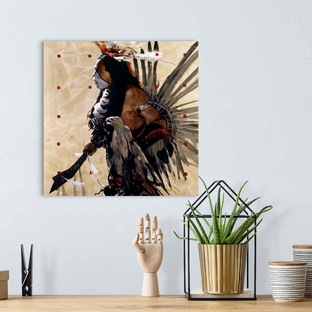 A bohemian room featuring Contemporary western theme painting of a Native American in traditional and ceremonial dress.