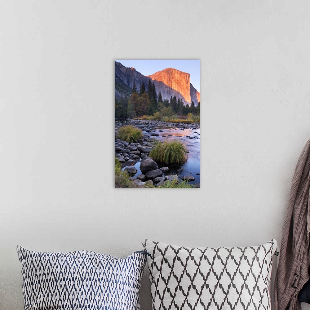 A bohemian room featuring Warm sunlight hitting El Capitan at dusk over the River Merced in Yosemite.