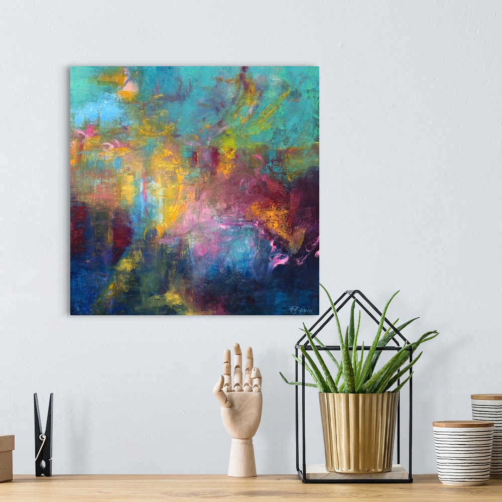 A bohemian room featuring Contemporary abstract painting using wild and vibrant splashes of color.