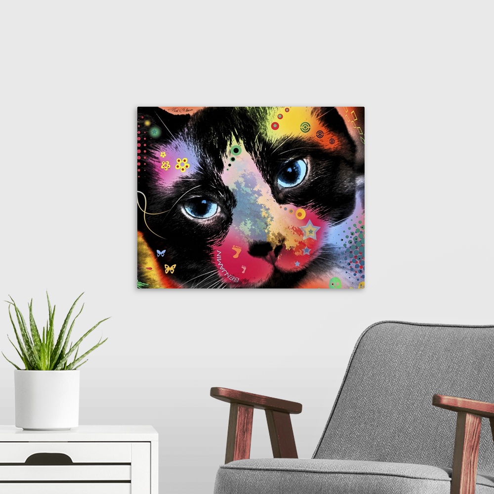 A modern room featuring Contemporary artwork of a cat colored in an array of bright and vibrant colors.