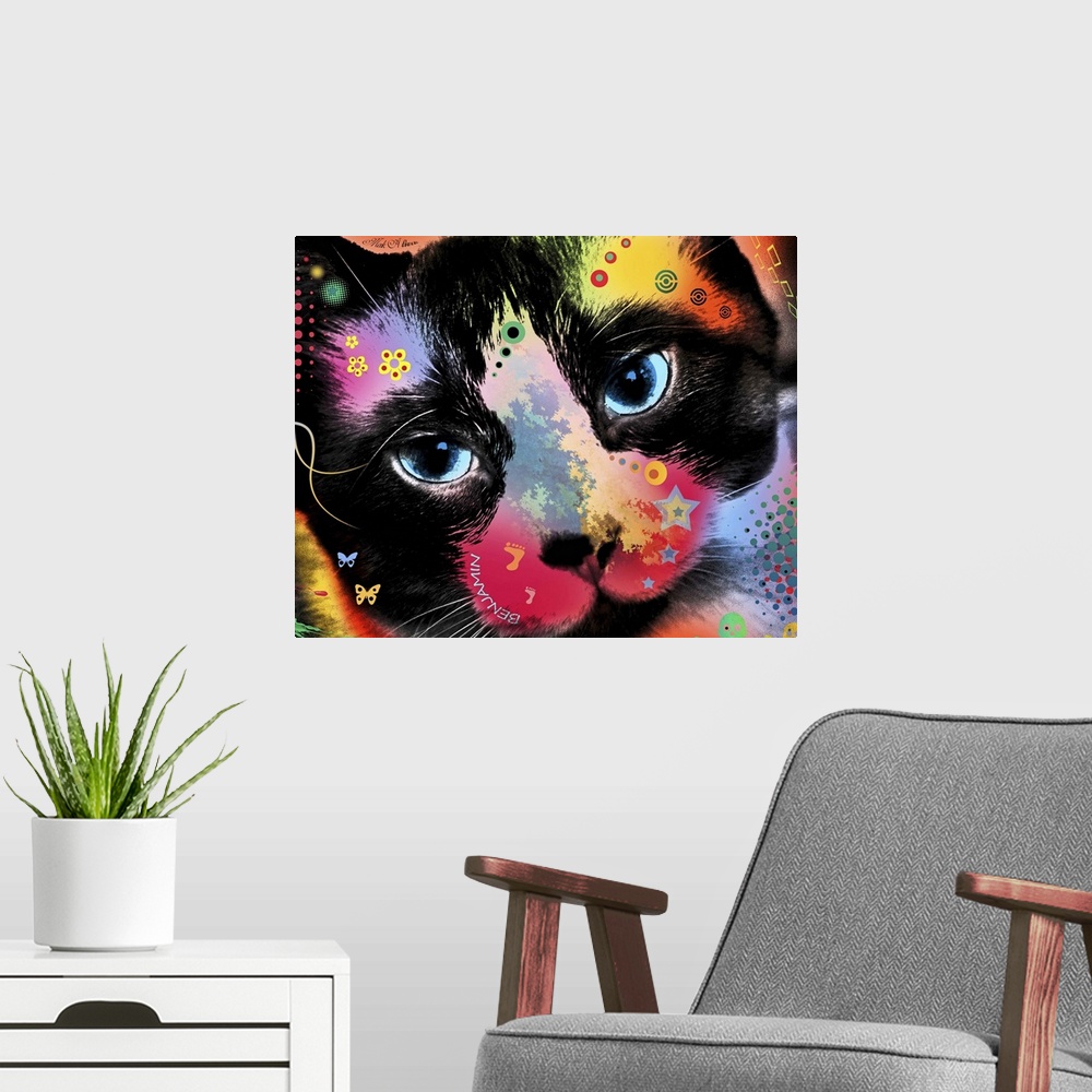 A modern room featuring Contemporary artwork of a cat colored in an array of bright and vibrant colors.