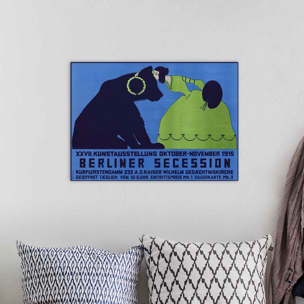 A bohemian room featuring Vintage advertisement artwork for the Berlin Secession.