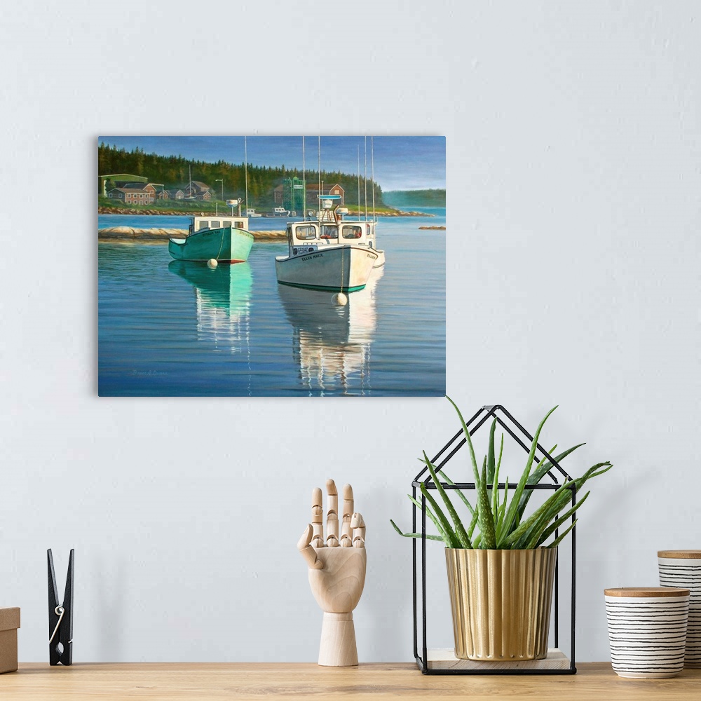 A bohemian room featuring Contemporary artwork of boats in the harbor