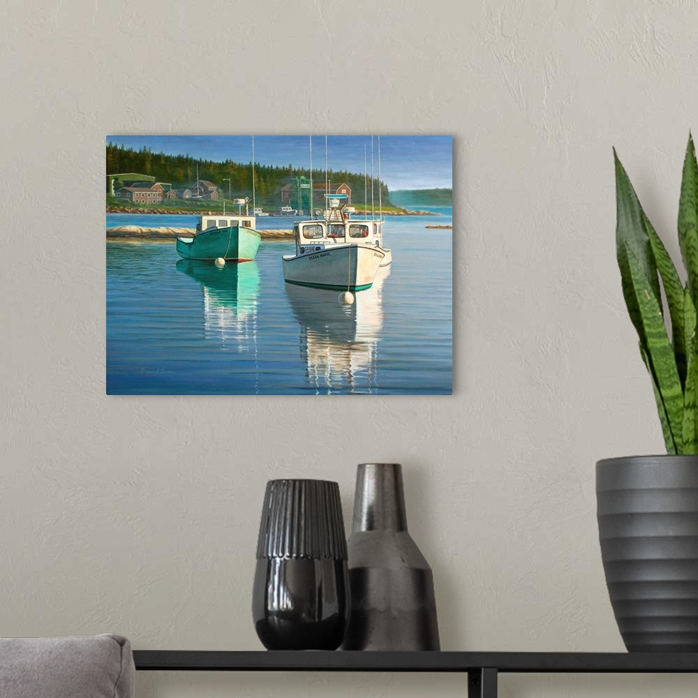 A modern room featuring Contemporary artwork of boats in the harbor