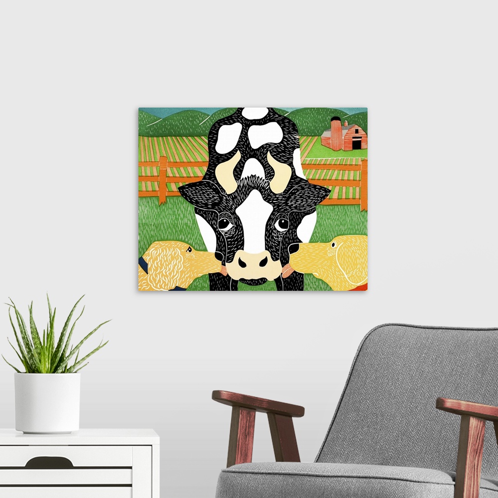 A modern room featuring Illustration of a golden retriever and a yellow lab licking a cow with a farm and red barn in the...