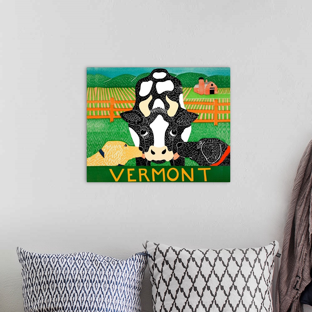 A bohemian room featuring Illustration of a golden retriever and a black lab licking a cow with a farm and red barn in the ...