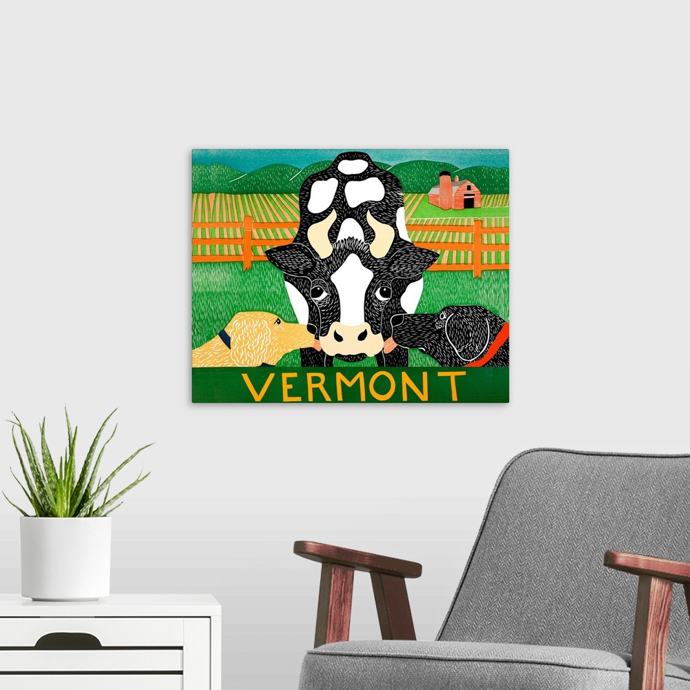 A modern room featuring Illustration of a golden retriever and a black lab licking a cow with a farm and red barn in the ...