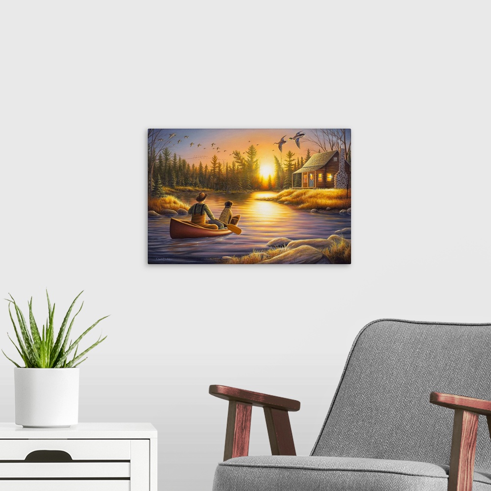 A modern room featuring An idyllic painting of a cottage in a serene wilderness setting.