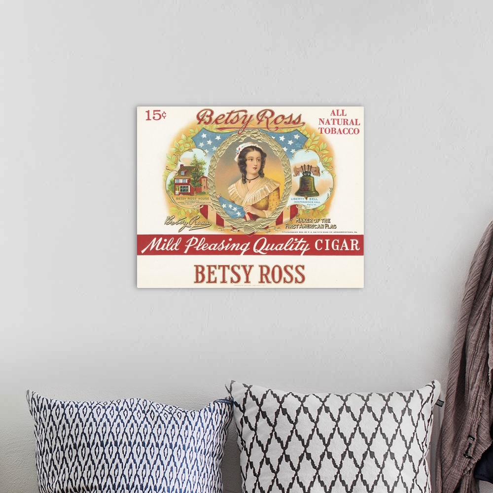 A bohemian room featuring Artwork of a vintage cigar label.