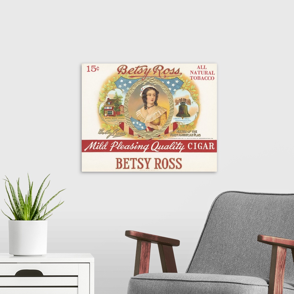 A modern room featuring Artwork of a vintage cigar label.