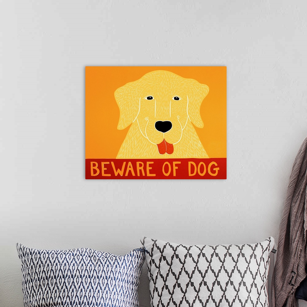 A bohemian room featuring Illustrated portrait of a yellow lab with the phrase "Beware of Dog" written on the bottom.