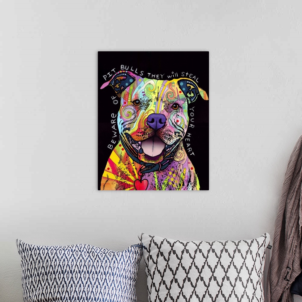 A bohemian room featuring Abstract portrait of a pitbull dog with multicolored lines and shapes within its outline. The dog...