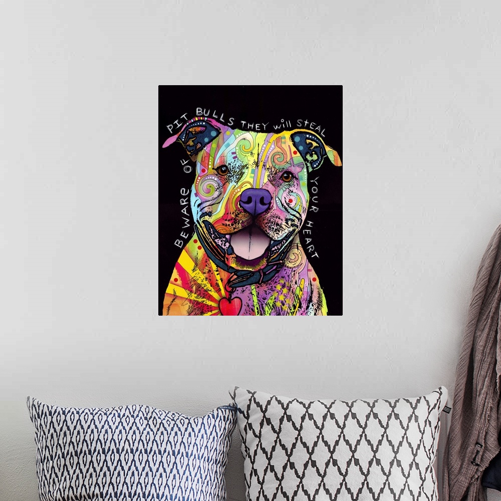 A bohemian room featuring Abstract portrait of a pitbull dog with multicolored lines and shapes within its outline. The dog...