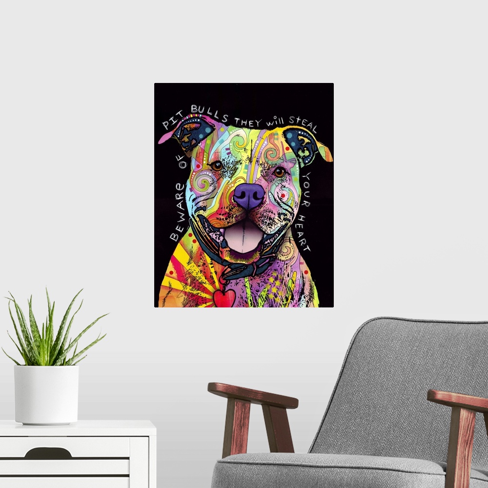 A modern room featuring Abstract portrait of a pitbull dog with multicolored lines and shapes within its outline. The dog...