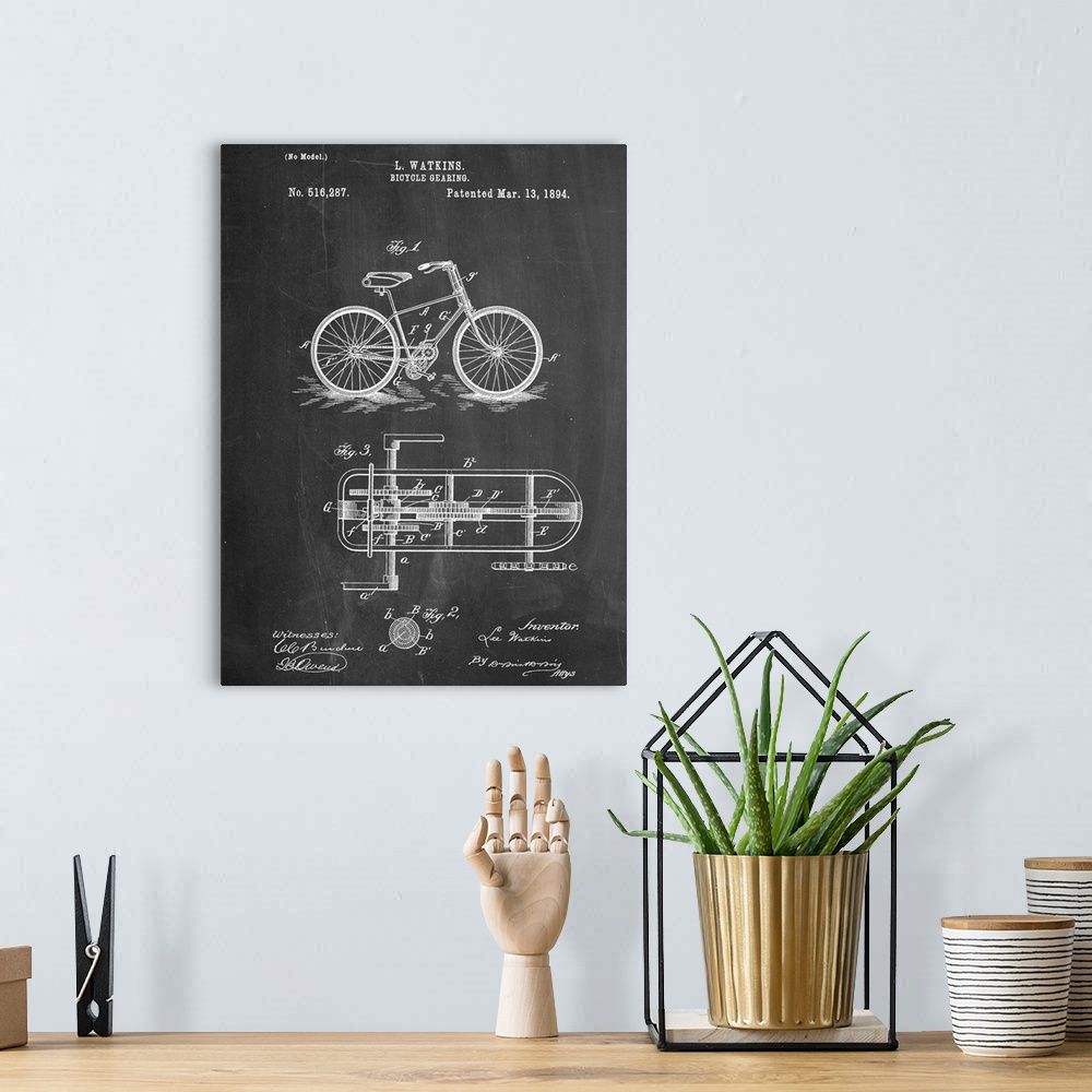 A bohemian room featuring Black and white diagram showing the parts of a bicycle.