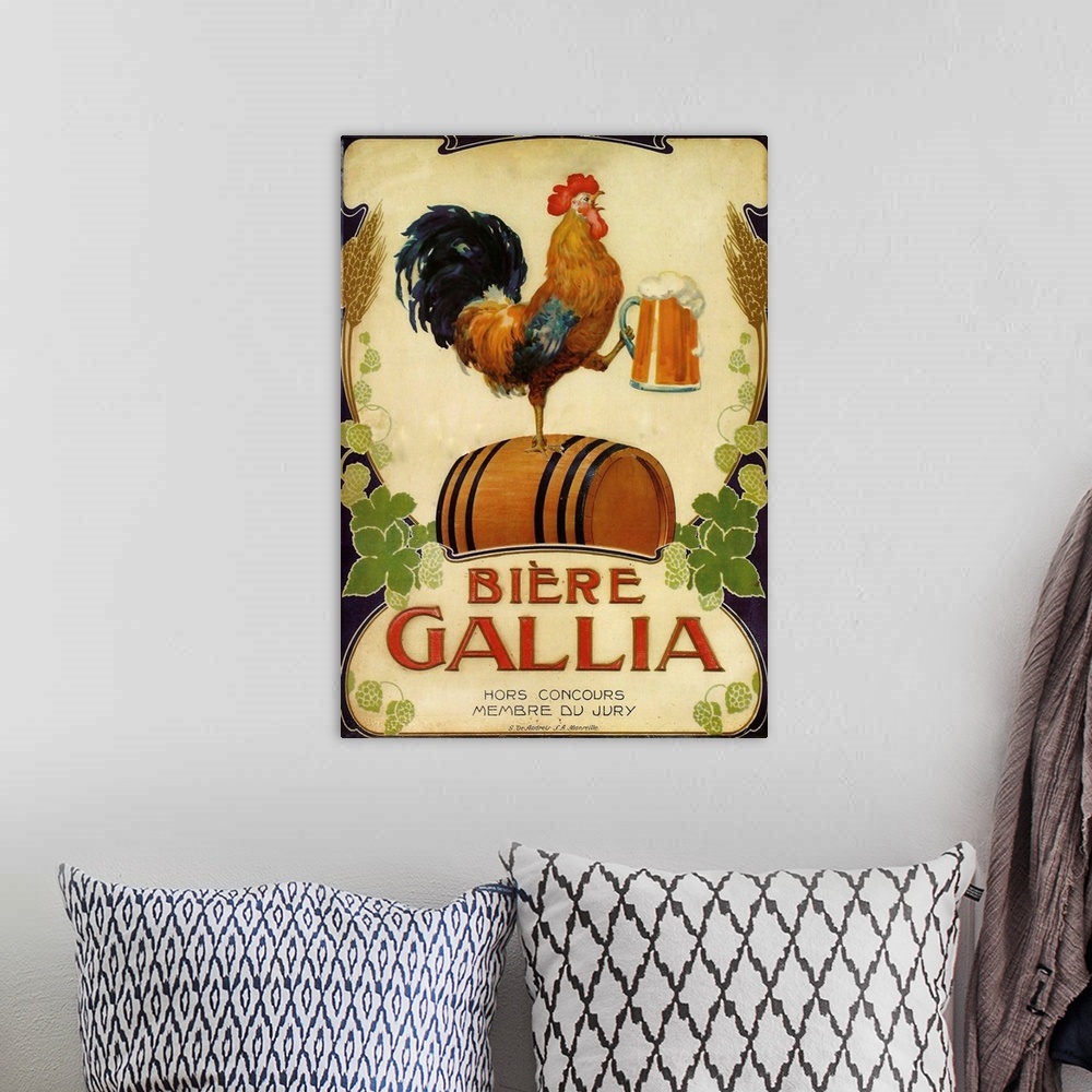 A bohemian room featuring Vintage poster advertisement for Biere Gallia.