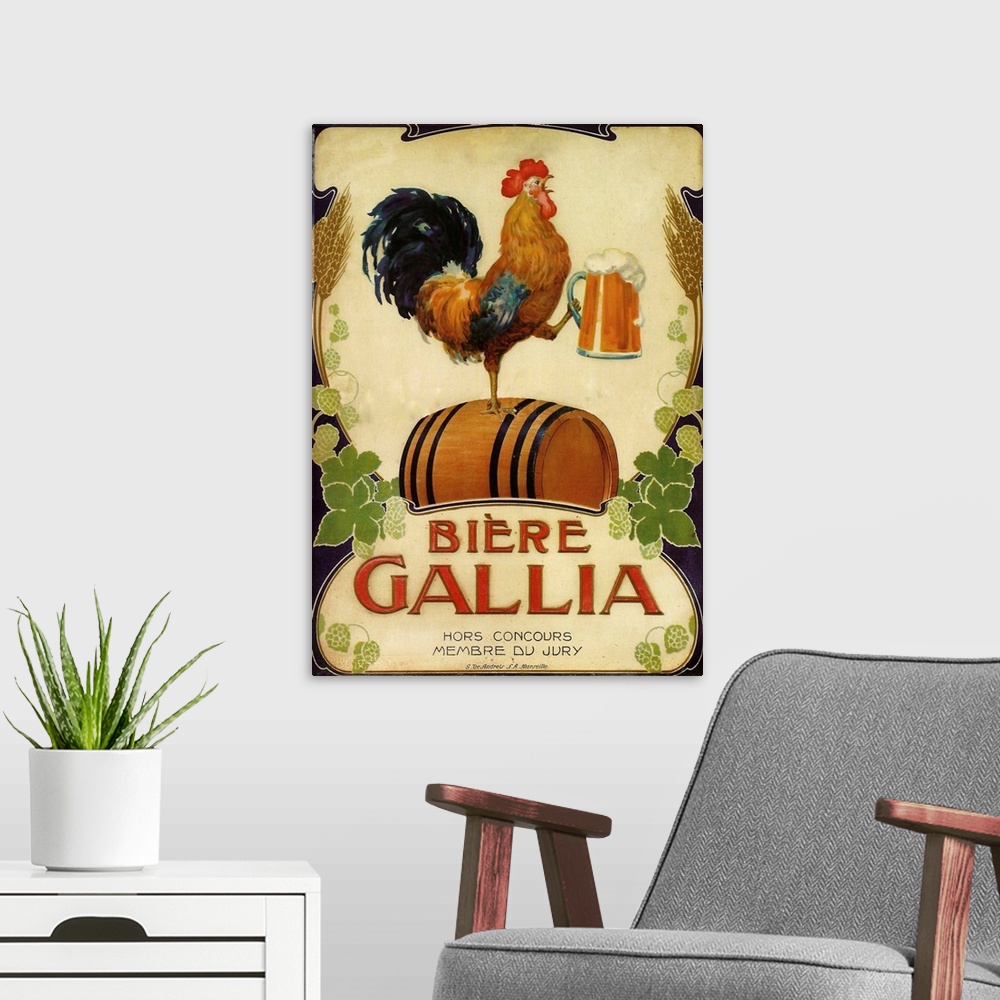 A modern room featuring Vintage poster advertisement for Biere Gallia.