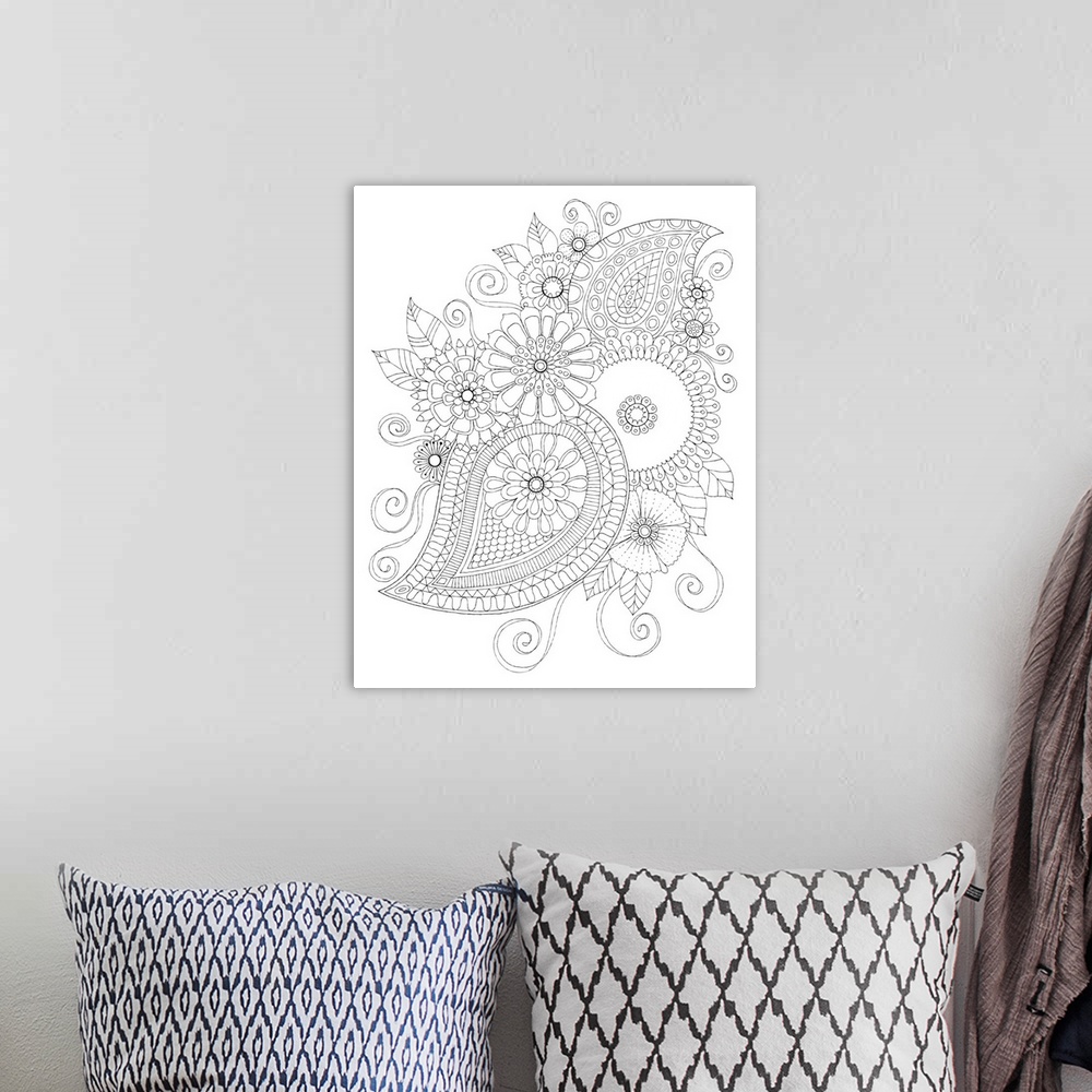 A bohemian room featuring Black and white line art of intricately designed flowers and leaves.