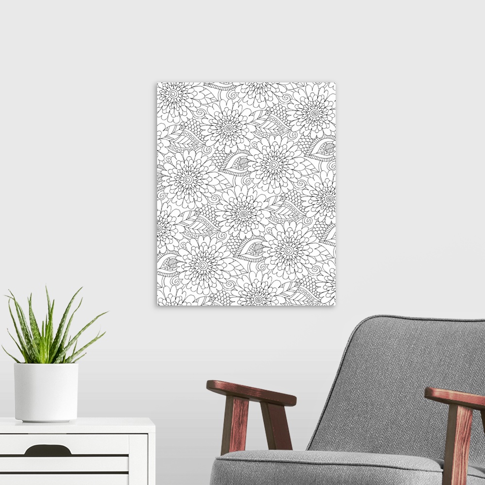 A modern room featuring Black and white line art of intricately designed flowers.