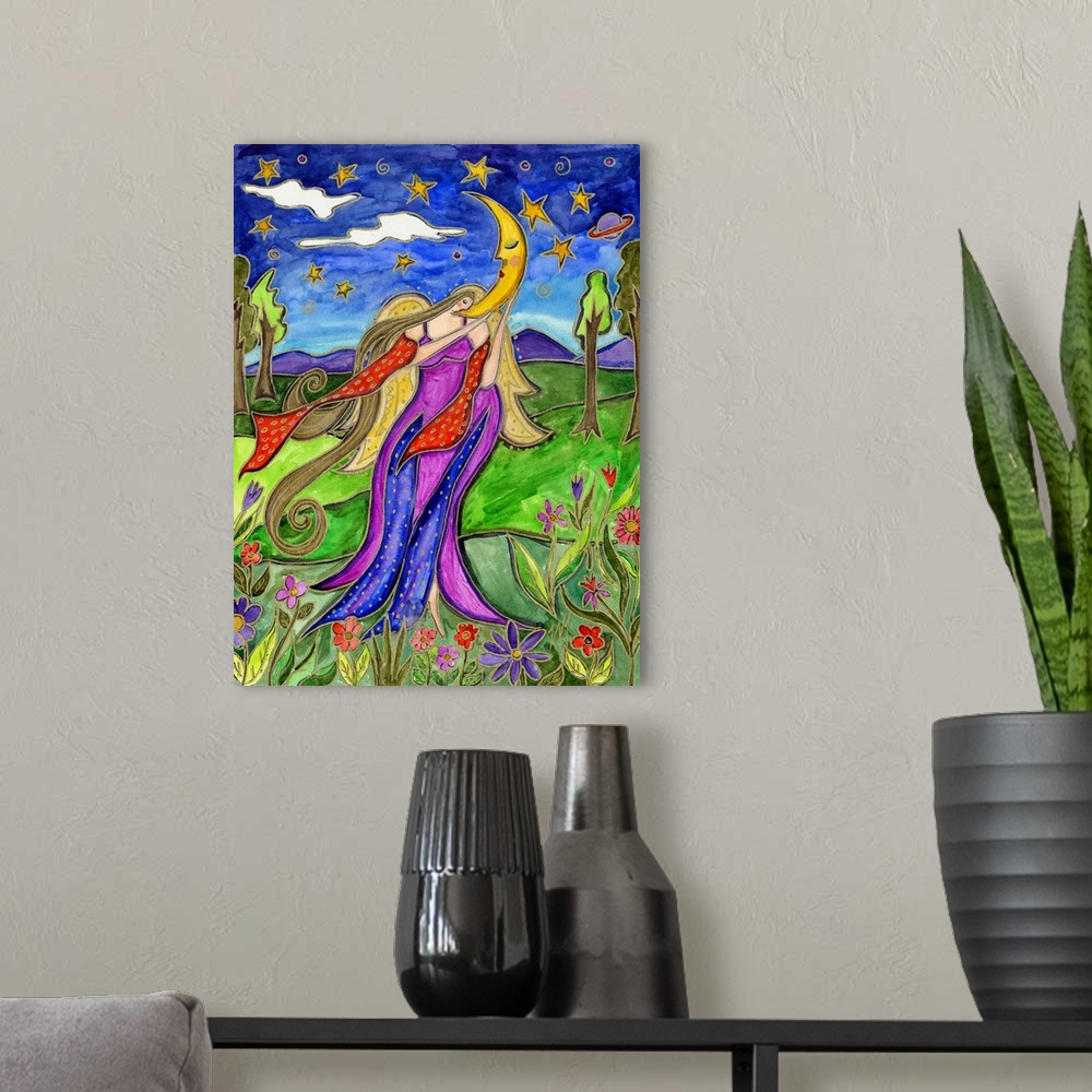 A modern room featuring An angel in a flowing dress holding a crescent moon in a garden under a starry sky.