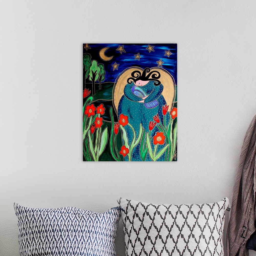 A bohemian room featuring A woman holding a bird in a garden of red flowers under a moon and starry sky.