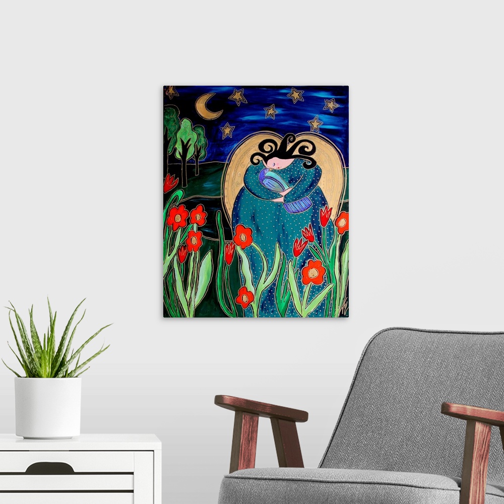 A modern room featuring A woman holding a bird in a garden of red flowers under a moon and starry sky.